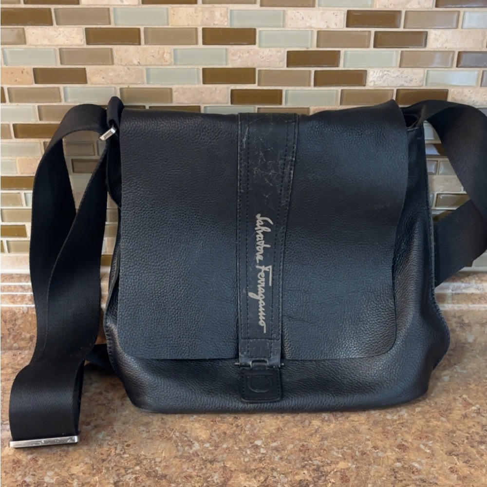 Salvatore Ferragamo Black Leather Messenger Bag